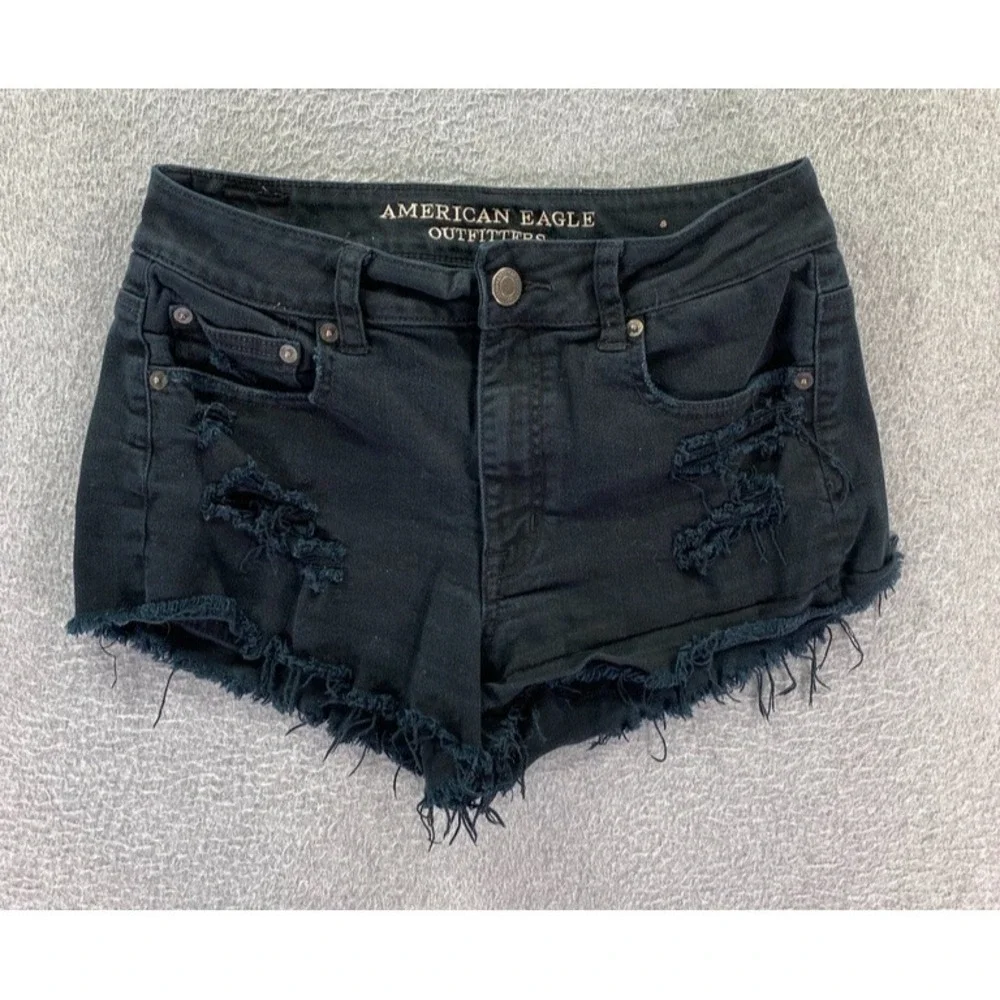 American Eagle Womens‎ Hi-Rise Festival Shorts Distressed Size 8 Black Denim
